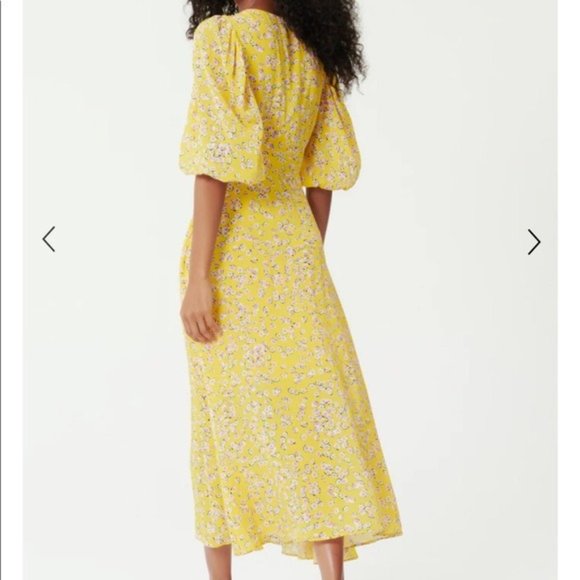 NICHOLAS Yellow Floral A-Line Midi Dress V Neck Puff Sleeve Tea Length US 0 New - Picture 10 of 10